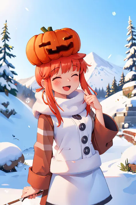 a woman in a white dress and a pumpkin hat