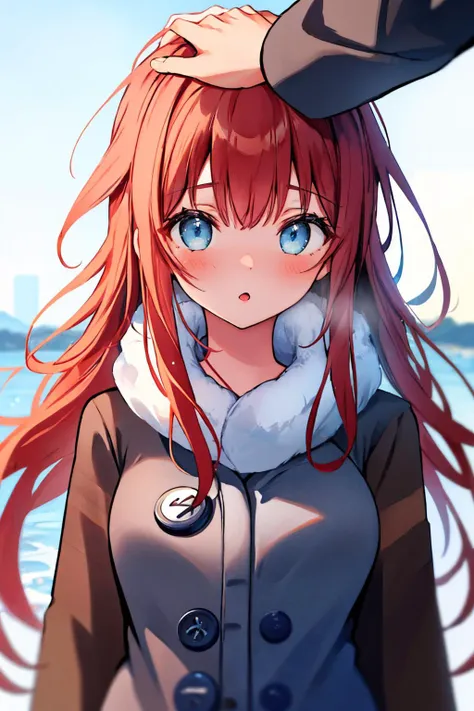 anime girl with red hair and blue eyes standing in front of a body of water