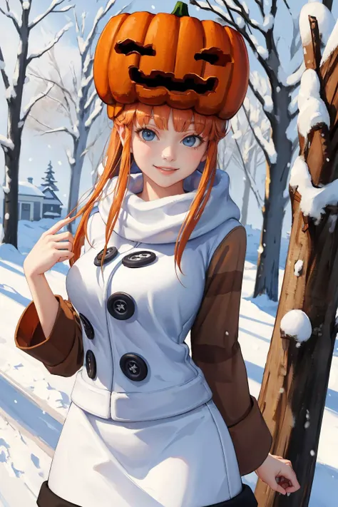 masterpiece, best quality,  <lora:snowgolem-nvwls-v1-000009:1> sgolem, pumpkin hat, coat, white skirt, buttons, smile, winter, snow, cowboy shot, looking at viewer, large breasts