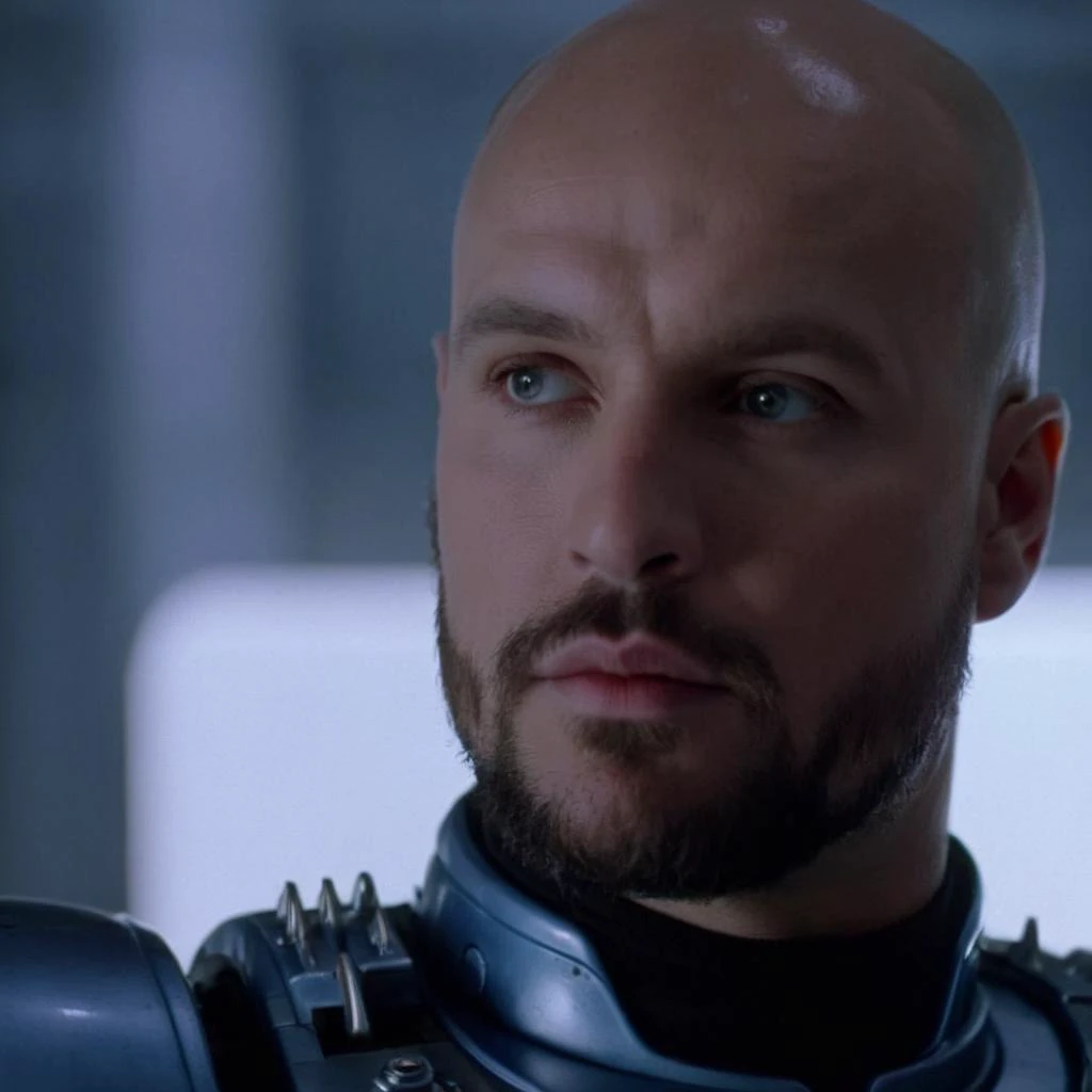 cinematic film still of  <lora:RoboCop 1987:1.2>
RoboCop 1987 a handsome bald man with beautiful eyes and a blue shirt and a black and white shirt and cool hair cut looking at something, shallow depth of field, vignette, highly detailed, high budget, bokeh...