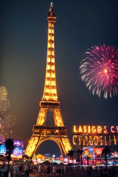 ((masterpiece)), (best quality), official art, extremely detailed CG, unity 8k wallpaper, ultra detailed, 
eiffel_tower, eiffel tower, night, fireworks, (las vegas:1.5),  casino, hotel sign, neon,  
 <lora:eiffel_tower_v1:0.9>