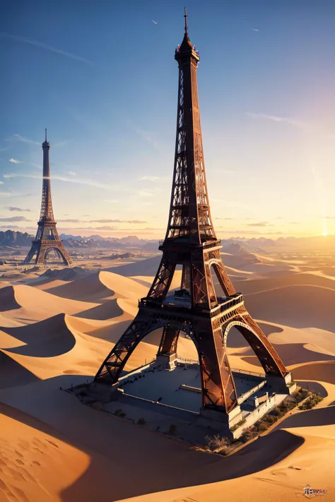 ((masterpiece)), (best quality), official art, extremely detailed CG, unity 8k wallpaper, ultra detailed, 
eiffel_tower, eiffel tower, (desert:1.4), 2 towers, 2 eiffel towers, sunset, 
 <lora:eiffel_tower_v1:1>