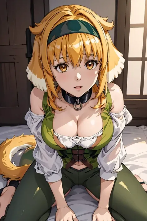 (masterpiece, best quality), 1girl,  <lora:haremroxanne-nvwls-v1:1> roxanne, dog ears, black hairband, collar, off-shoulder shirt, cleavage, green vest, green pants , dog tail