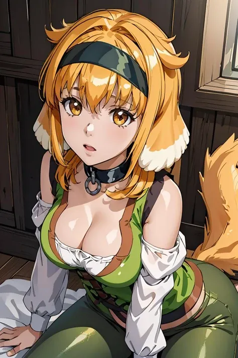 (masterpiece, best quality), 1girl,  <lora:haremroxanne-nvwls-v1:1> roxanne, dog ears, black hairband, collar, off-shoulder shirt, cleavage, green vest, green pants , dog tail