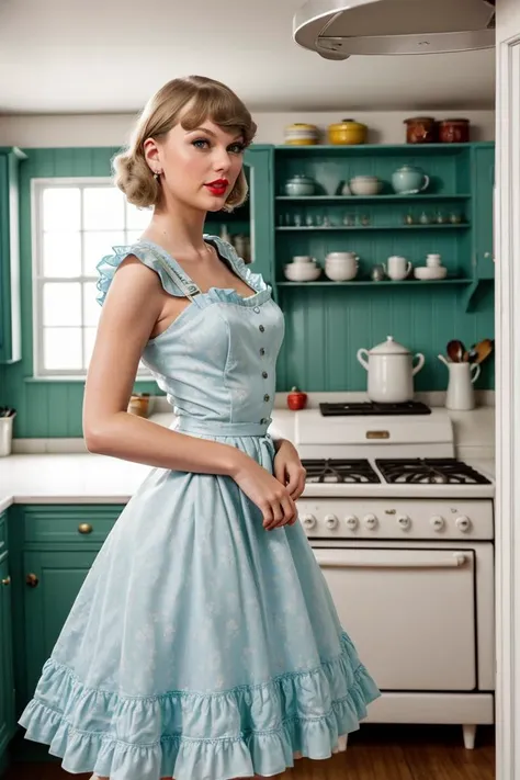 a close up of a woman in a blue dress in a kitchen