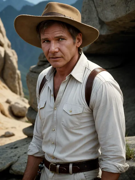 arafed man in a hat and shirt standing in front of a rock