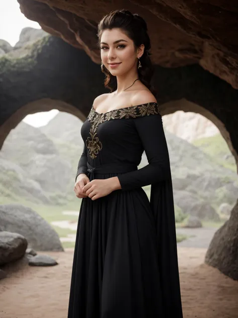 a woman in a black dress standing in front of a cave