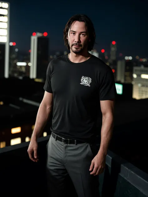 professional photo of Keanu Reeves, french crop hair, perfect eyes, wearing dull    jaguar print Shapewear,  graphic t-shirt, hiking boots,  ,,  underworld rooftop bar,iceberg,bayou, upper body shot low lighting, moody, large depth of field, deep depth of ...