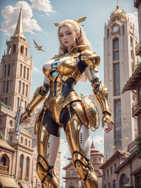 in golden armor Cyber girlfriend, japanese samurai with futuristic weapon , heroic sexy, afar pose, legs robot, muscular,  ca45mv7-100,   <lora:IvoryGoldAIv2:1> IvoryGoldAI,  goldstyle EMBEDDING