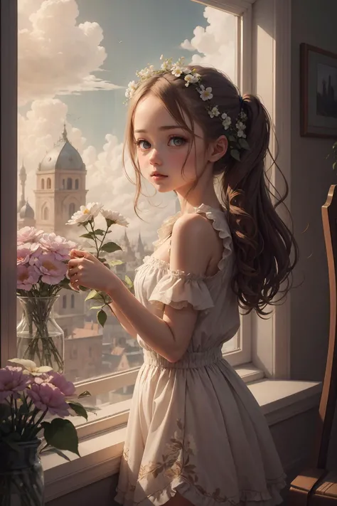 {best quality}, {{masterpiece}}, {highres},1girl,window,flower, cloudy sky, sunlight, <lora:IvoryGoldAI:0.7>