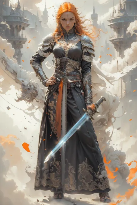 a woman in armor holding a sword standing in front of a castle