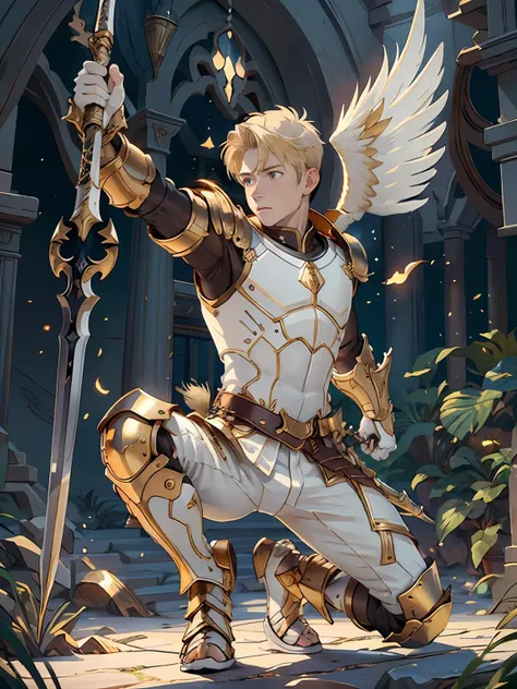 masterpiece, best quality, RTX, ambient occlusion,sunset, rim lighting, ((1boy)),, white feathered wings, ivory gold armor <lora:IvoryGoldAIv2:.6>, starry night  sky,  (WarriorStyle),holding weapon,(short brown hair), boots, solo, ivory pants,, armor, spea...