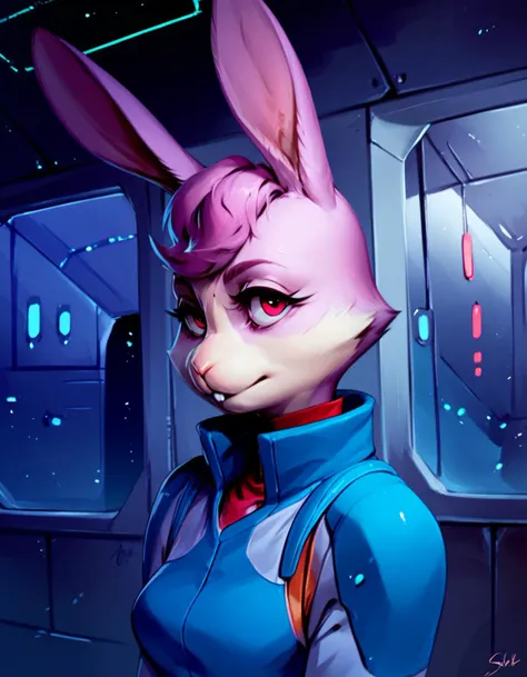 a close up of a cartoon bunny in a space station