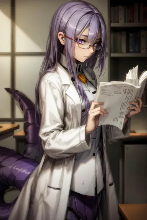 SLE, (semi-realistic), shallow depth of field, medium full shot, (mecha lamia:1), mecha musume, monster girl, mecha lamia tail, white lab coat, ((laboratory indoor)), glasses, purple tied hair,  <lora:Signalis:0.7>, <lora:monstergirl_cpt_v05:0.8>, <lora:AM...