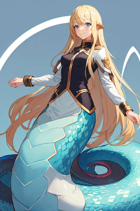 <lora:monstergirl_cpt_v04:1> lamia,, ultra detailed, masterpiece, best quality, aesthetic, detailed,, solo, soft smile, light smile,
1girl, blue eyes, very long hair, blonde hair, long blonde hair, french braid, bangs, medium breasts,