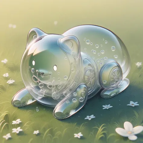 there is a glass cat sitting on a green surface with flowers