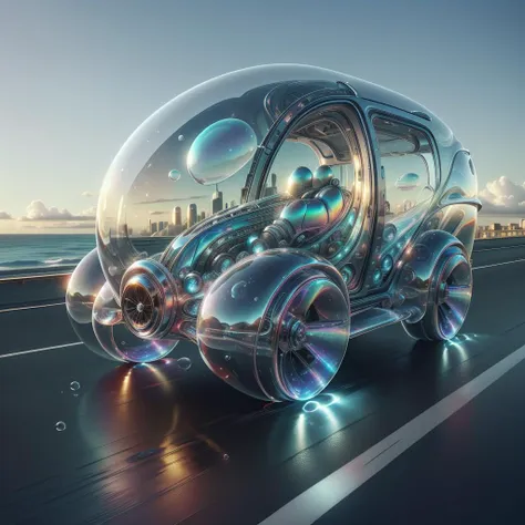 a futuristic car with bubbles floating on the front driving down a highway