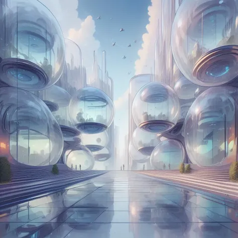 futuristic city with a lot of glass spheres floating in the air