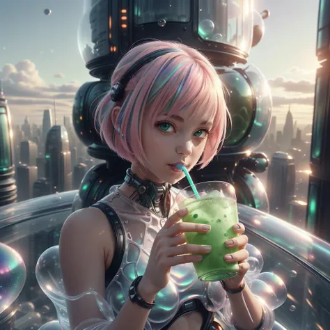 a close up of a person holding a drink in a futuristic setting