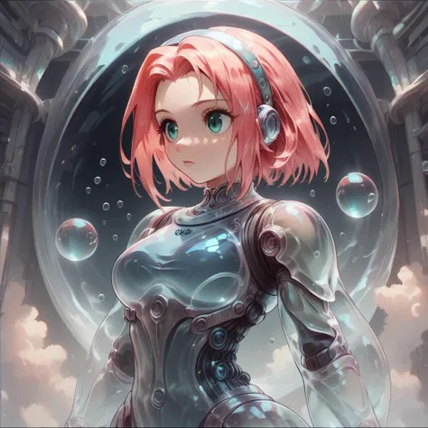 a close up of a woman in a futuristic suit with a bubble