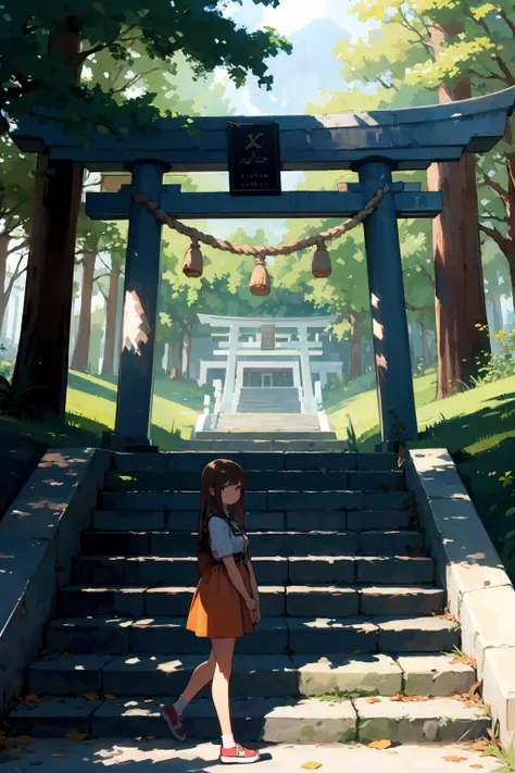 anime girl walking up steps in front of a blue gate