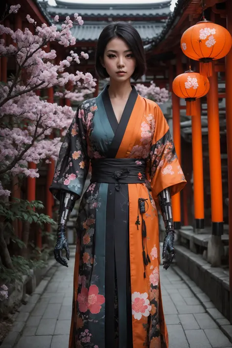 a woman in a kimono standing in front of a building