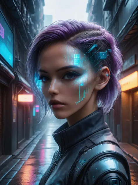 a woman with purple hair and a futuristic face in a city