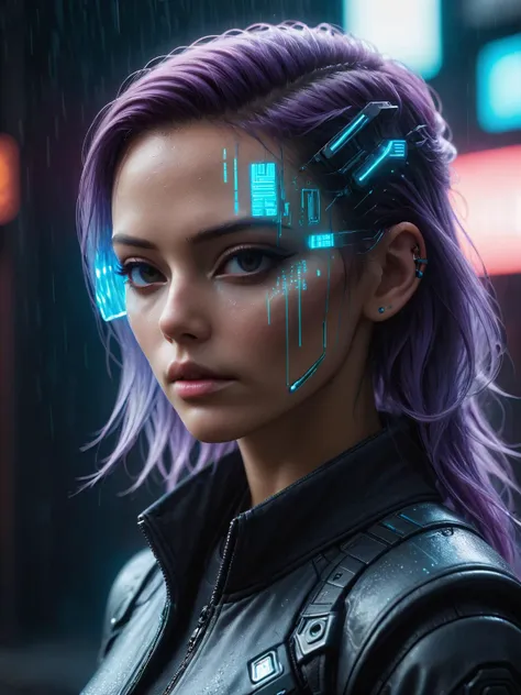 a woman with purple hair and a futuristic face