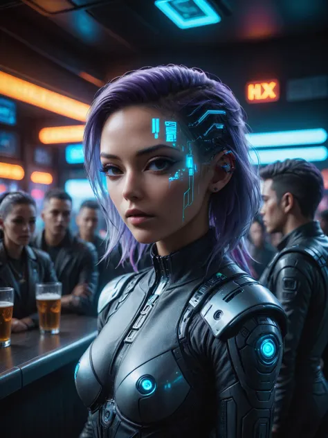 a woman in a futuristic suit standing in front of a bar