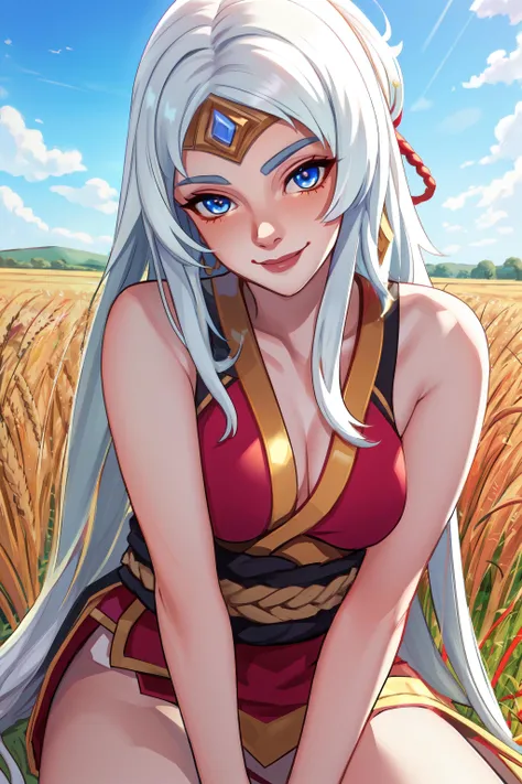 Lian, long white hair, blue eyes, sleeveless_kimono, teasing_smile, solo, medium breasts, forehead, sitting, toned, red and gold royal castle, nature, wheat field, outdoors, (best quality, masterpiece, beautiful and aesthetic:1.2, highest detailed face, pe...