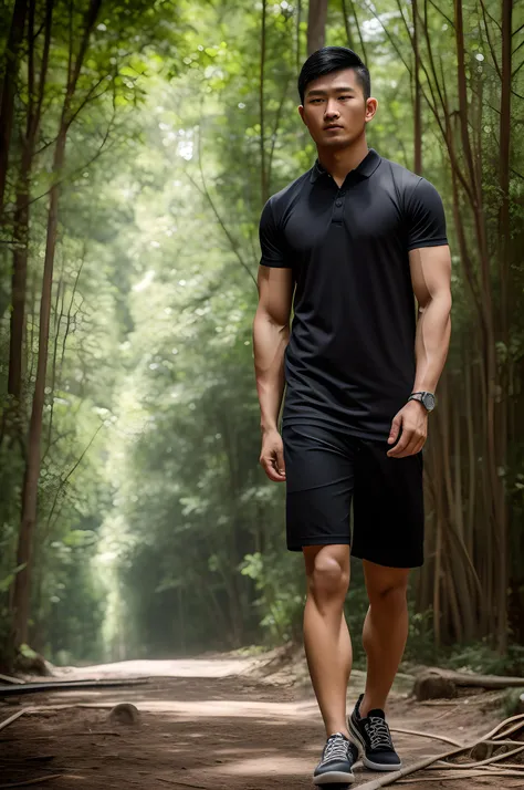 arafed man in black shirt and shorts walking on dirt path