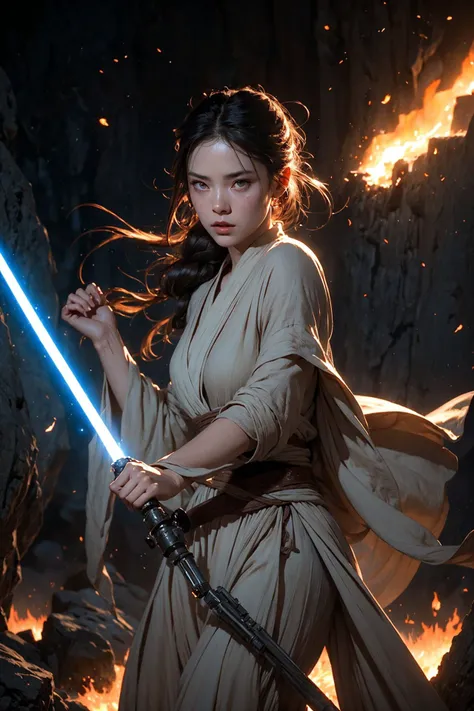 A female Jedi in a long dress (Uses force:1.7), artwork in the style of guweiz, (there is fire everywhere:1.4), as a tarot card, terracotta, beauty filter, human fighter, surrender, highest quality, masterpiece, ultra-detailed, dof, artistic lighting, riml...