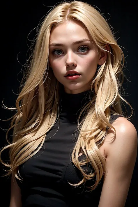 a close up of a woman with long blonde hair wearing a black dress