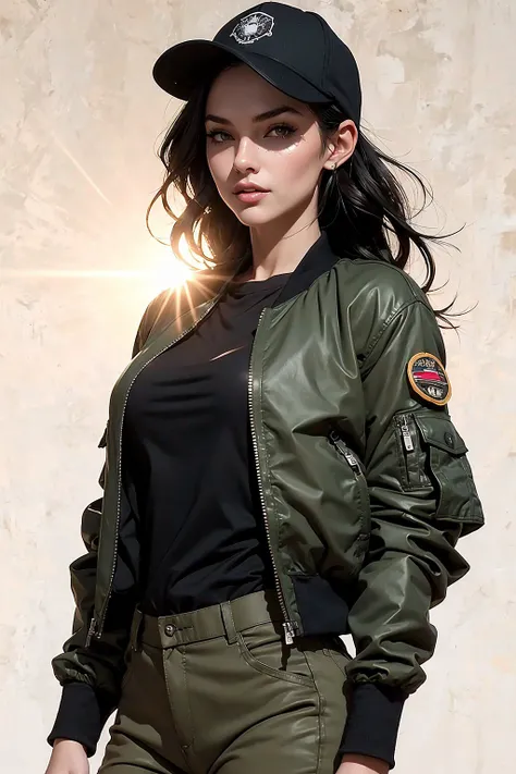 sexy slender woman (smiling:0.6) in a Baseball cap and khaki pants, cgsociety, gothic art, wearing military outfit, very sexy woman with black hair, wearing dark green bomber jacket (Techware style:1.2) oversize, sun spots on the face, sunset rays, warm su...