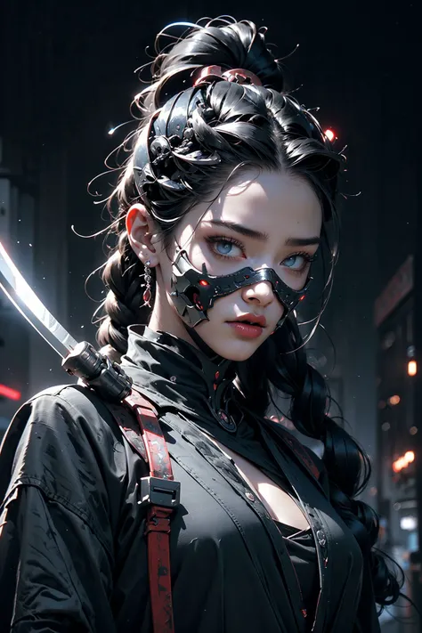 close up ((diamondly beautiful eyed girl)) with braids  holds a weapon in his hand on a black background, red glowing eyes, holy cyborg necromancer girl, holds a weapon in his hand, Sci-Fi Helmet, cyber mask, brian sum, goddess of war, blue cyborg, balaska...