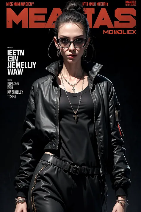 ((magazine cover)) realistic,best quality,(masterpiece:1.2) slender woman with short hair and a black bomber, cyberpunk, cgsociety, fantasy art, woman in streetwear,( oversize, techware, oversized joggers:1.3), fashion glasses, (jewelry:1.9) (drawing on a ...