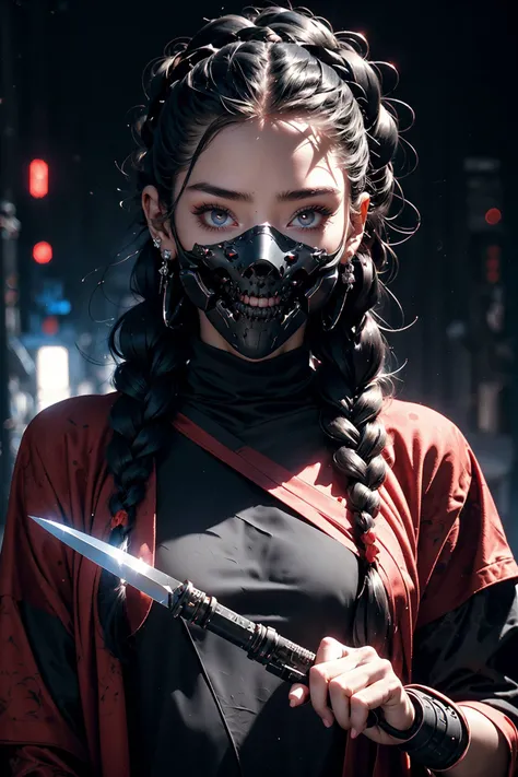 close up ((diamondly beautiful eyed girl)) with braids  holds a weapon in his hand on a black background, red glowing eyes, holy cyborg necromancer girl, holds a weapon in his hand, Sci-Fi Helmet, cyber mask, brian sum, goddess of war, blue cyborg, balaska...