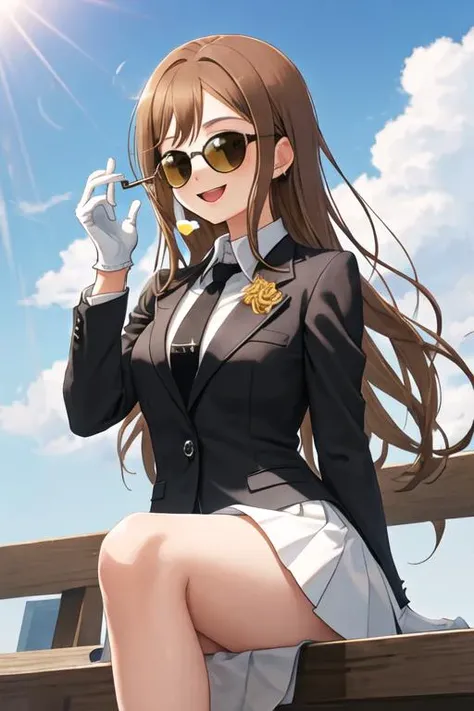 best quality, masterpiece, highres, solo, {black business suit:1.40}, {tie:1.20}, {sunglasses:1.25}, {white gloves:1.15}, {white shirt:1.10}, {black skirt:1.15}, {smoking:1.20}, handsome, {kunikida_hanamaru_lovelivesunshine:1.15}, brown_hair, bangs, long_h...