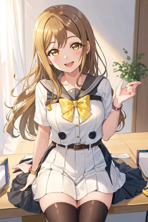 best quality, masterpiece, highres, solo, {kunikida_hanamaru_lovelivesunshine:1.15}, brown_hair, bangs, long_hair, blush, yellow_eyes, smile, brown_eyes, open_mouth