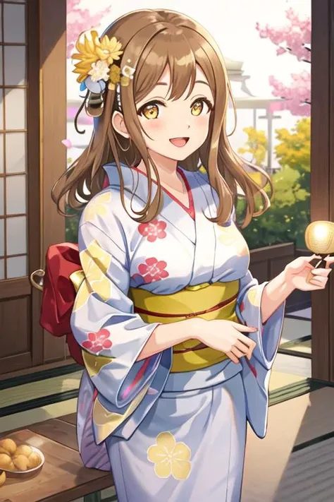 best quality, masterpiece, highres, solo, {yukata:1.40}, {kimono:1.20}, {kunikida_hanamaru_lovelivesunshine:1.15}, brown_hair, bangs, long_hair, blush, yellow_eyes, smile, brown_eyes, open_mouth