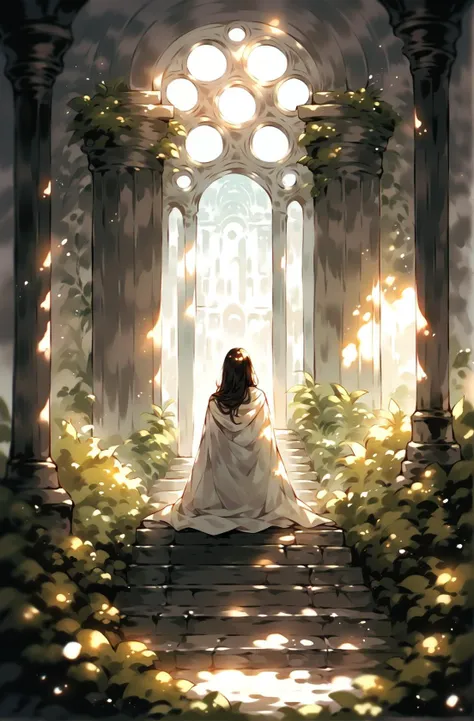 score_9,score_8_up,score_7_up,score_6_up,score_5_up,score_4_up 1girl,solo,long hair,black hair,dress,very long hair,standing,indoors,from behind,cape,window,sunlight,plant,scenery,cloak,light particles,stairs,fantasy,facing away,wide shot,pillar,arch <lora...