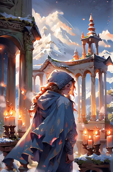 score_9,score_8_up,score_7_up,score_6_up,score_5_up,score_4_up 1girl,solo,long hair,standing,outdoors,sky,cloud,from behind,cape,night,fire,scenery,cloak,snow,blue theme,mountain,facing away,candle,watercraft,architecture,pillar,flame,statue,mountainous ho...