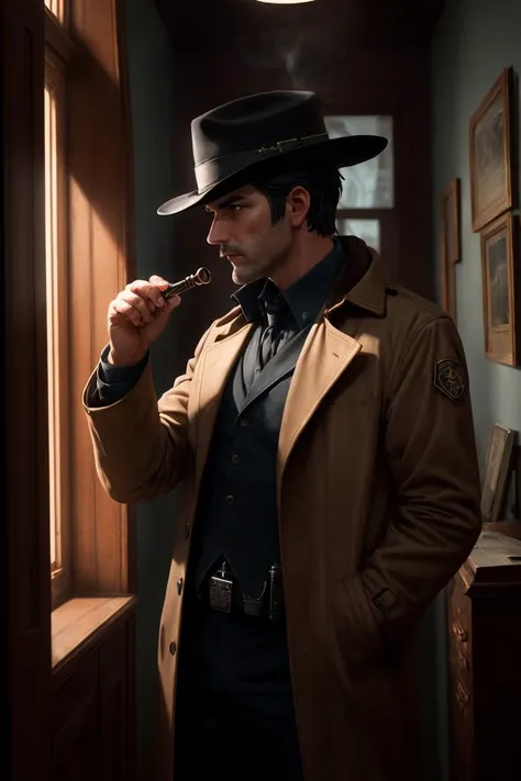 A man is a detective who solves mysteries and crimes. He is wearing a brown coat and a hat,and he has a magnifying glass and a pipe. He is smart and clever as he finds clues and suspects in different cases. The cases are complex and intriguing,and there ar...