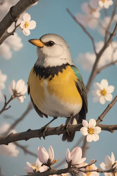 a tiny Bird on a branch with (spring flowers on background:1),aesthetically inspired by Evelyn De Morgan,art by Bill Sienkiewicz and Dr. Seuss,ray tracing,volumetric lighting,octane render.,<lora:iNaturalist_Birds:0.6>,