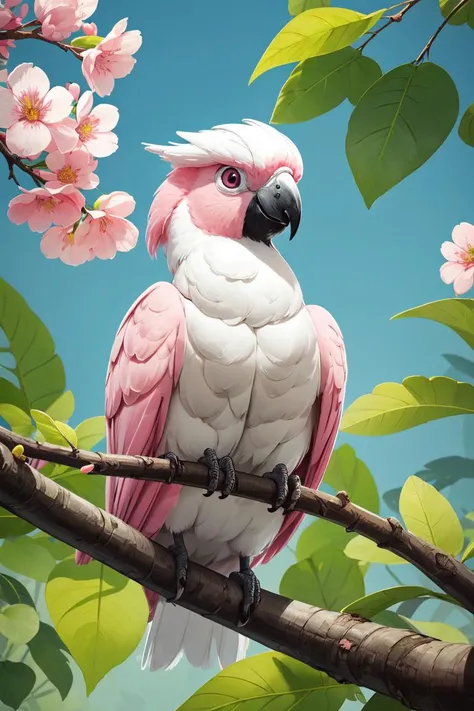 pltn style, Pink and white cest  galah  cockatoo bird  in a tree  with green leaves and flowers ,animation for children book illustration , cute big circular reflective eyes, unreal engine cinematic smooth, intricate detail