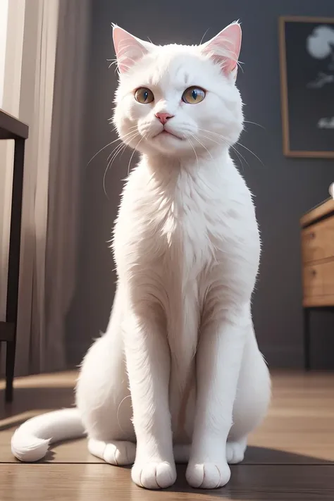 there is a white cat sitting on the floor in a room