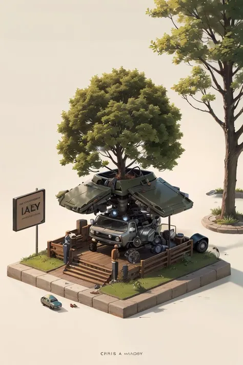 factory,a miniature, Chris LaBrooy, detailed illustration, microverse_creator ,<lora:microverse_creator:0.7>,tree,car