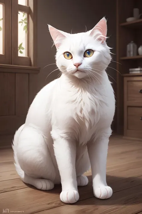 arafed white cat sitting on a wooden floor in a room