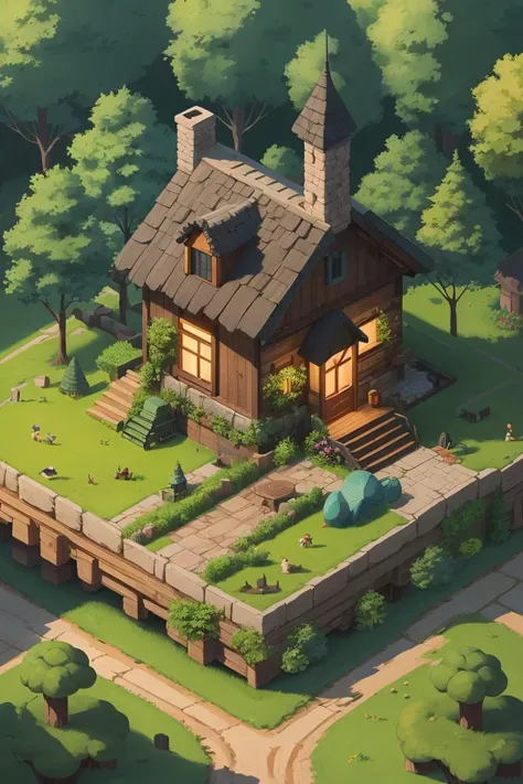 isometric illustration of a fantasy-looking cottage in a forest,scenery,