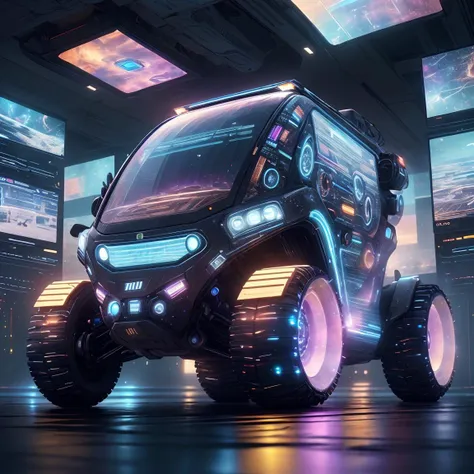 a close up of a futuristic vehicle with lights on in a room